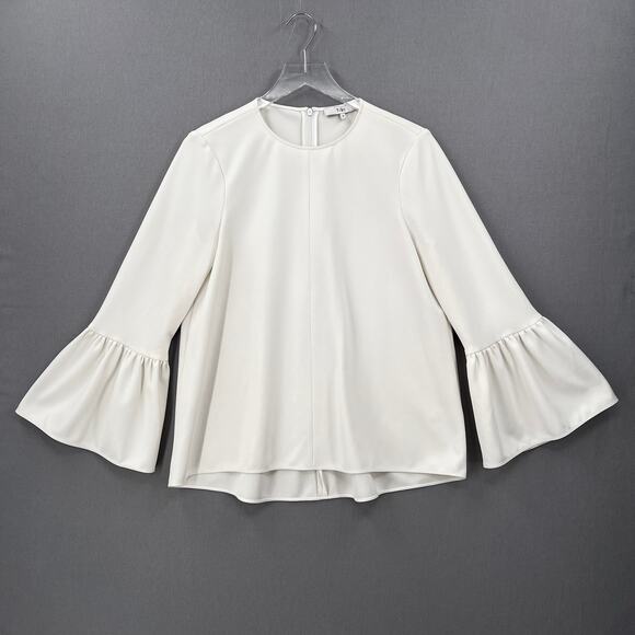 TIBI Ruffle Bell Sleeve Top Womens 4 Off White Chalky Drape Crew Neck Blouse - Picture 2 of 14